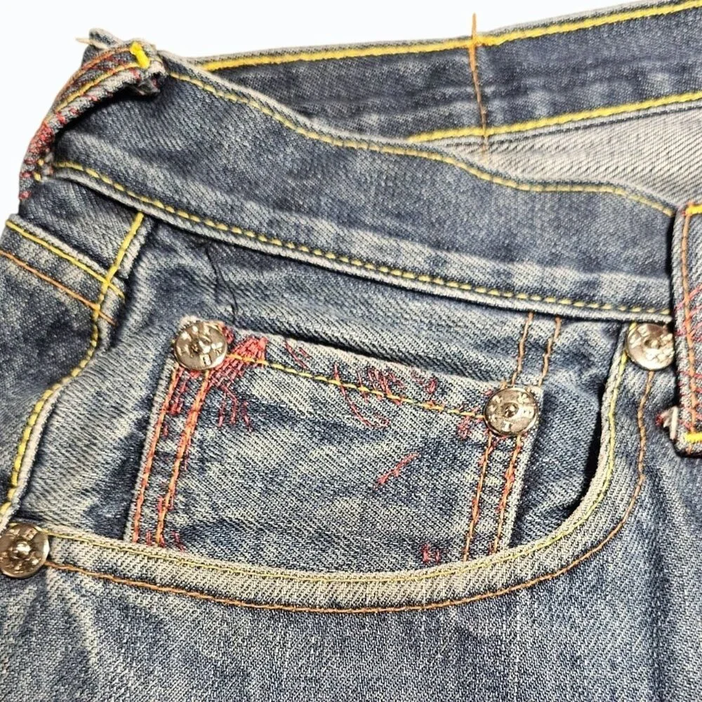 RMC Red Monkey Mens Jean Shorts 38 Denim Button Fly Embroidered Pocket & Hem Y2K
